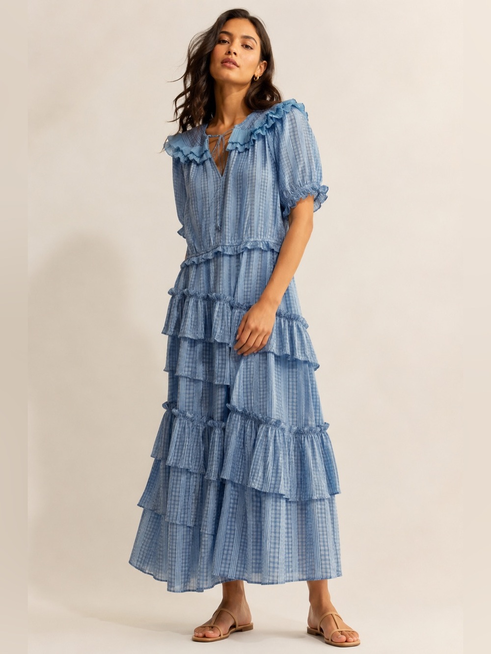 Current Air Dusty Blue Tiered Maxi Dress Ruffle Collar  Boho Cottagecore Small